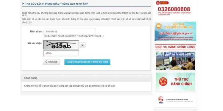 Kết quả chi tiết các lỗi phạt nguội xe ô tô TPHCM hiển thị sau khi tra cứu