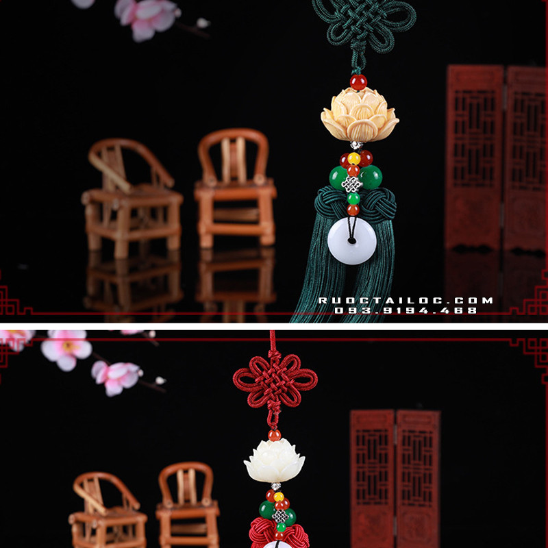 Khánh ngọc treo xe ô tô hình hoa sen có dây treo màu xanh nhẹ nhàng, tươi mát và màu đỏ may mắn, tươi sáng
