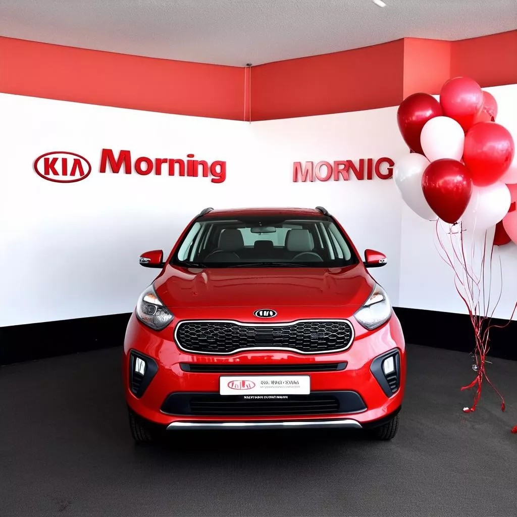 Kia Morning màu xanh đậu tại showroom xe hơi