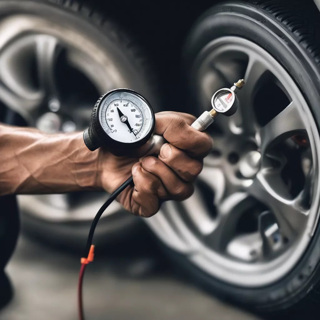 Người lái xe đang kiểm tra áp suất lốp xe ô tô Innova bằng đồng hồ đo chuyên dụng