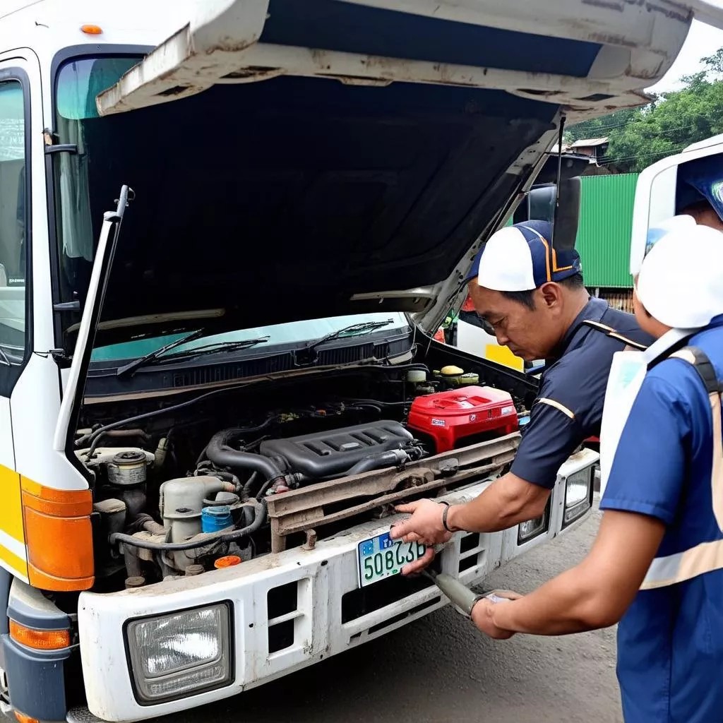 Tài xế đang kiểm tra khoang động cơ của xe tải mang biển số xe ô tô Hà Nội