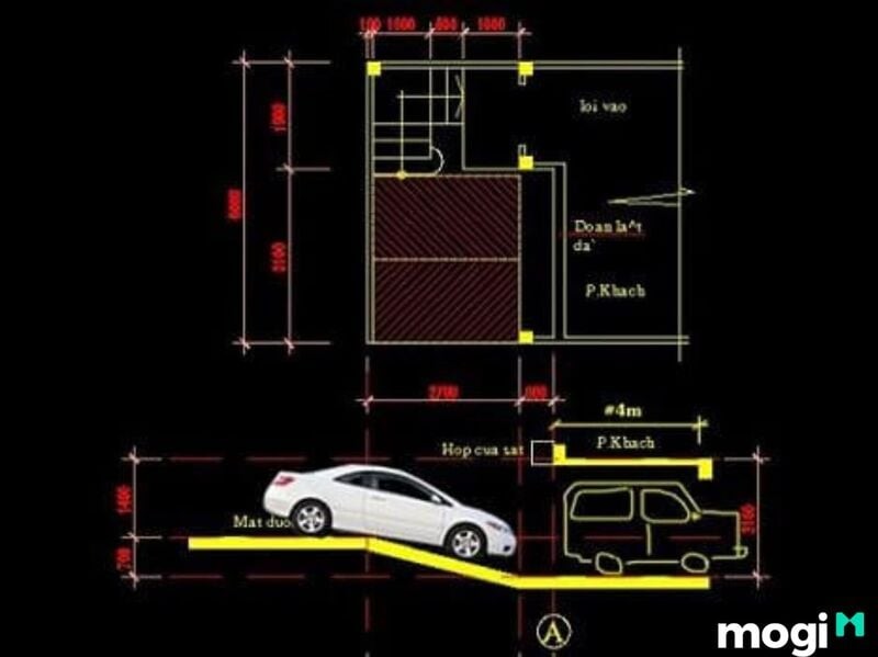 Sơ đồ minh họa cách tính toán chuẩn xác khi làm dốc cho xe ô tô vào nhà, bao gồm các thông số kỹ thuật