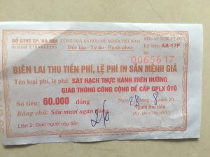 Biên lai lệ phí thi thực hành đường trường lái xe ô tô