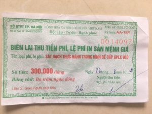 Biên lai lệ phí thi sa hình thực hành lái xe ô tô