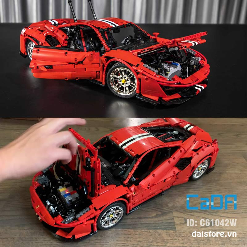 Cận cảnh phần đuôi xe của bộ lego lắp ráp xe ô tô Cada C61042 Ferrari 488, với các chi tiết động cơ và ống xả
