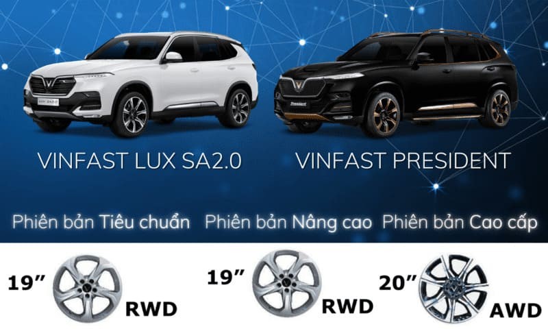 Các mẫu mâm xe đẹp và ấn tượng trên VinFast Lux SA2.0 và President, với các thông số kỹ thuật mâm xe đa dạng