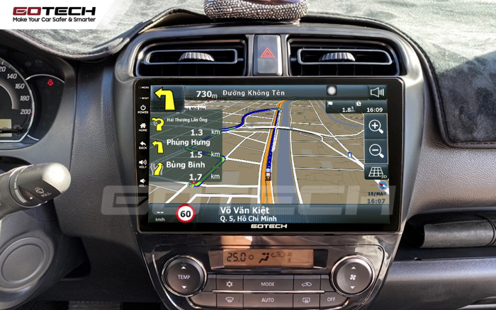 Giao diện ứng dụng dẫn đường Vietmap hiển thị trên màn hình GOTECH của Mitsubishi Attrage 2015, cung cấp chỉ dẫn chính xác