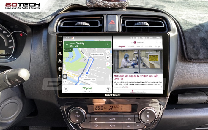 Màn hình GOTECH trên Mitsubishi Attrage 2015 hiển thị đa nhiệm, với bản đồ và ứng dụng giải trí cùng lúc