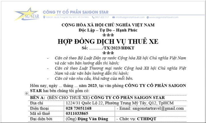 Cấu trúc mẫu hợp đồng thuê xe ô tô du lịch và các mục cần lưu ý