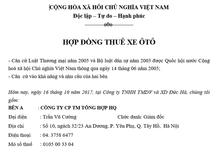 mau hop dong thue xe oto tu lai