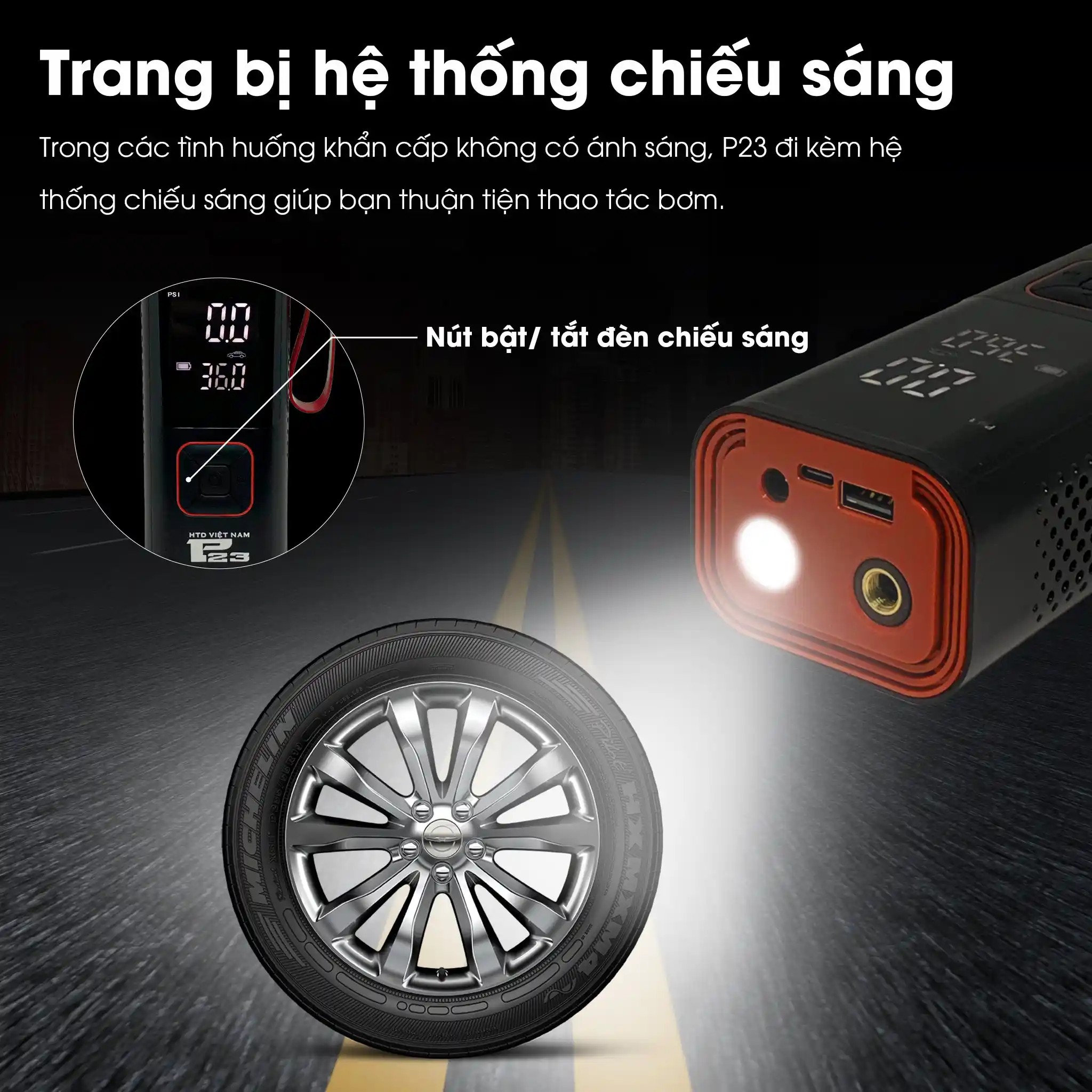 Sạc bơm xe ô tô mini HTD P23 qua cổng USB-C tiện dụng