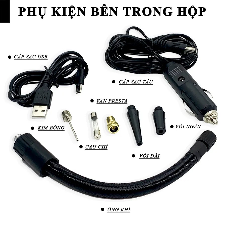 Các phụ kiện đi kèm trong hộp bơm xe ô tô mini HTD P23