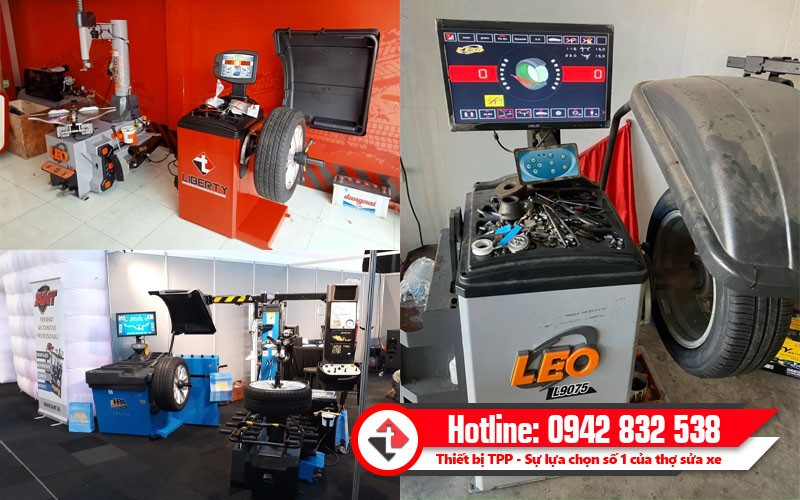 Máy cân mâm ô tô hiện đại đang kiểm tra độ cân bằng của bánh xe, thiết bị không thể thiếu cho các garage