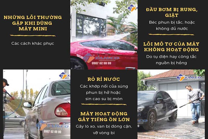 Các phụ kiện rửa xe ô tô như máy rửa xe, bình phun bọt tuyết và dụng cụ được sắp xếp gọn gàng