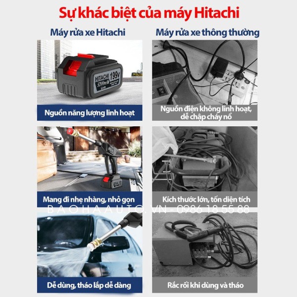 Máy rửa xe ô tô Hitachi 199V với khả năng hút nước linh hoạt từ xô