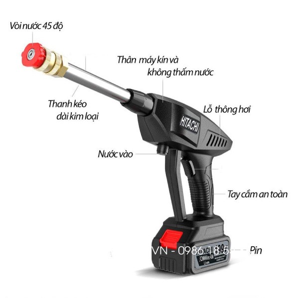 Bộ pin sạc và thân máy rửa xe ô tô Hitachi 199V cầm tay