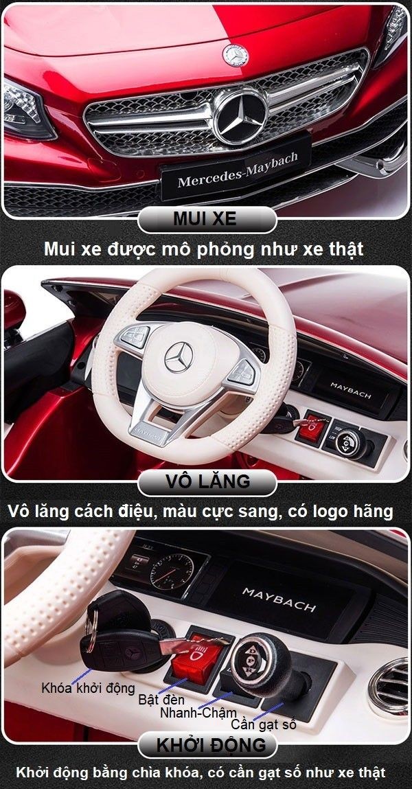 Bé trai ngồi lái xe ô tô Mercedes Maybach S650 điện trẻ em màu đỏ, thể hiện trải nghiệm lái chân thực