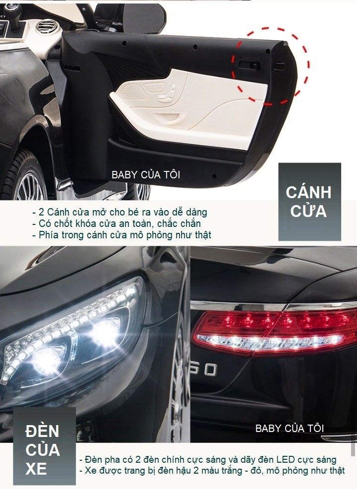 Nội thất ghế da sang trọng và các chi tiết của xe ô tô điện trẻ em Mercedes Maybach S650