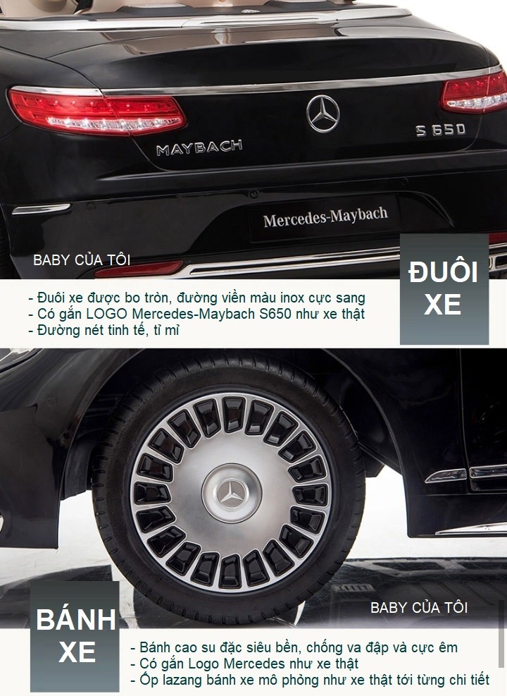 Chi tiết đèn pha và mặt trước của xe ô tô điện trẻ em Mercedes Maybach S650