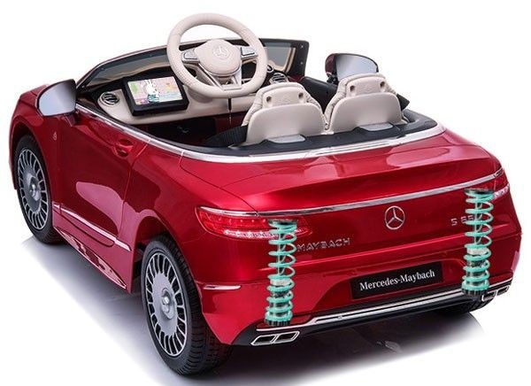 Xe ô tô Mercedes Maybach S650 điện trẻ em màu đỏ nhìn từ phía sau, nổi bật hệ thống giảm xóc