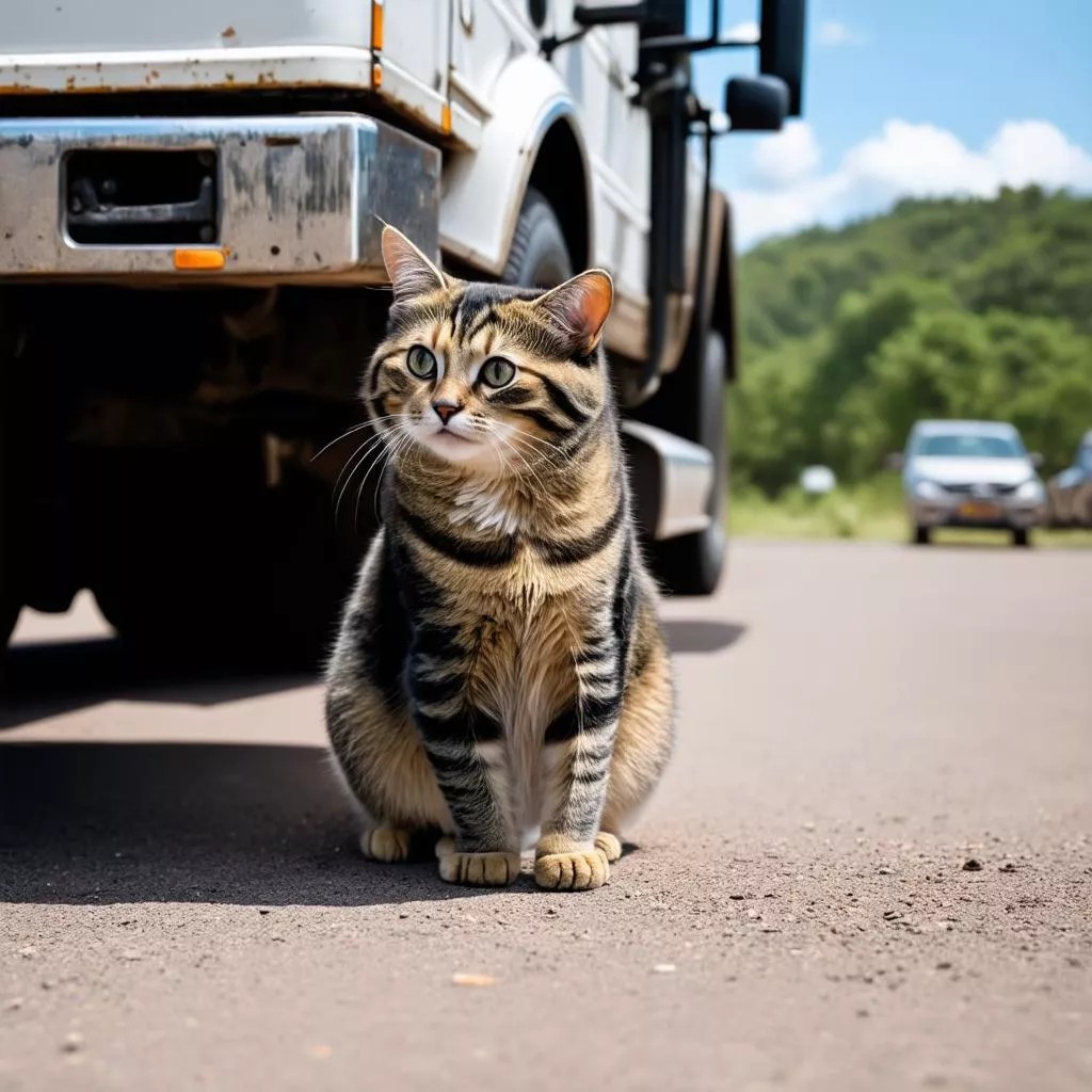 Chú mèo đang nhìn chăm chú ra cửa sổ xe tải, với biểu cảm tò mò, tạo hình ảnh đáng yêu trong một khung cảnh xe ô tô