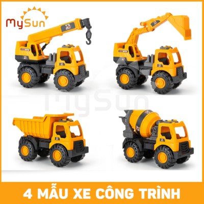 Bộ đồ chơi xe công trình hoàn chỉnh cho bé, bao gồm các loại xe múc cẩu ô tô