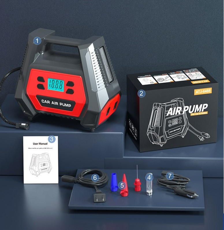 Các bộ phận của bơm bánh xe ô tô BXD09 bao gồm vòi bơm, dây nguồn và màn hình hiển thị