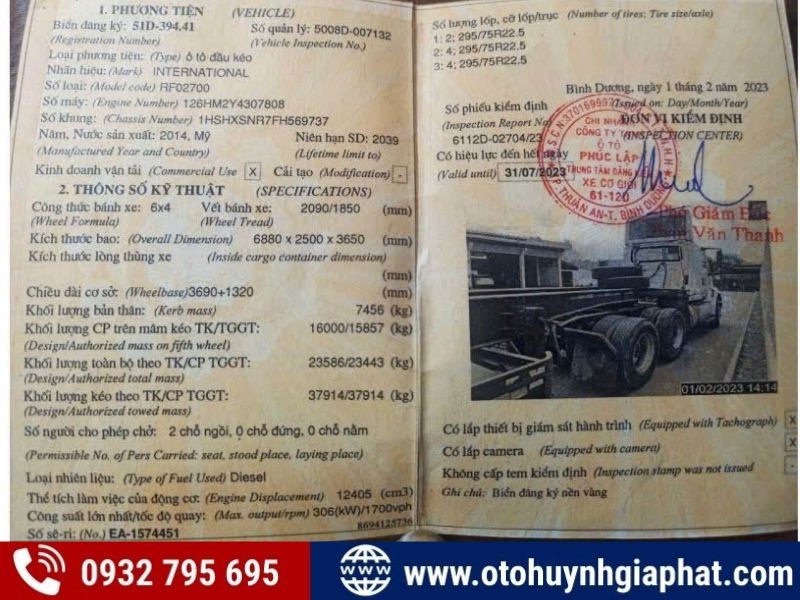 Sổ đăng kiểm của xe đầu kéo International 2014 cũ, giấy tờ quan trọng khi mua xe ô tô cũ 2014