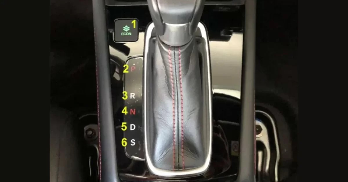 Cần số tự động của xe ô tô Honda City với các chế độ P, R, N, D, S và nút ECON