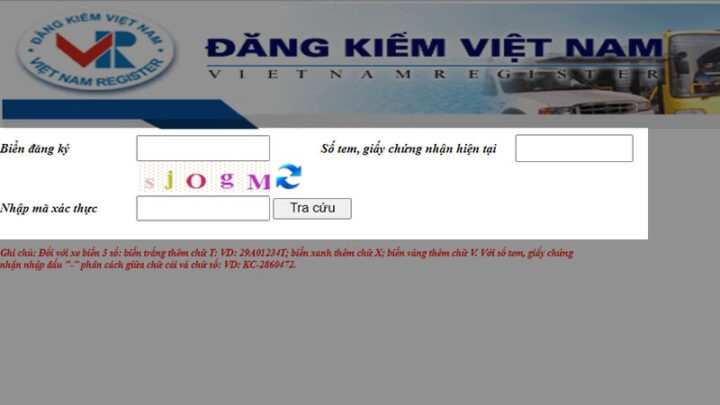 Giao diện nhập thông tin biển đăng ký và số tem để tra cứu số máy xe ô tô trên cổng Đăng kiểm