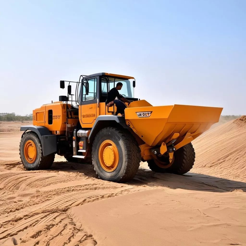 Tài xế chuyên nghiệp kiểm tra kỹ thuật xe ô tô chở cát trước khi khởi hành, đảm bảo an toàn