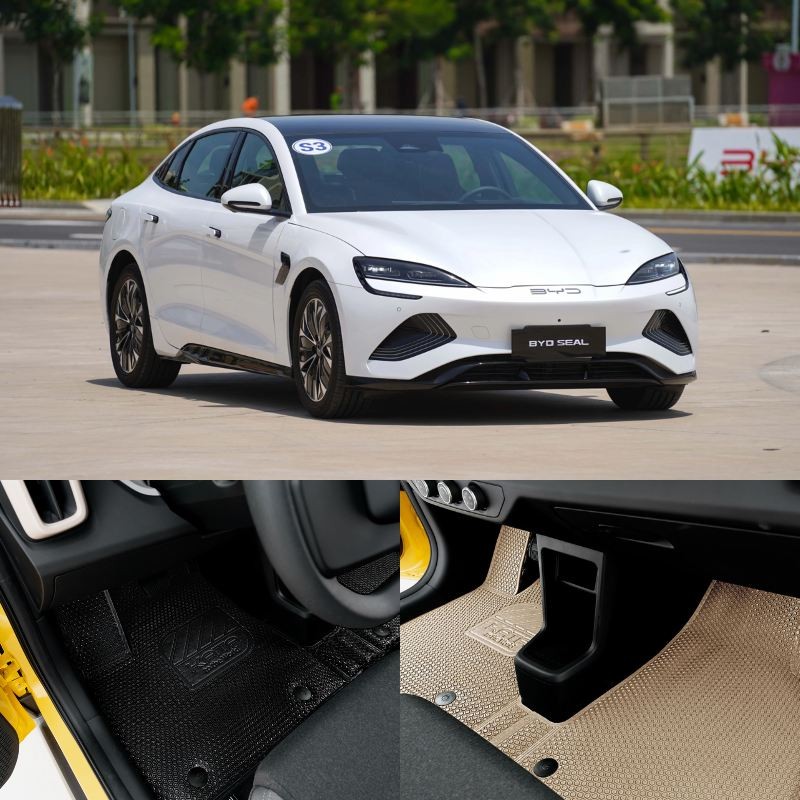 Thảm lót sàn thiết kế riêng cho một dòng xe BYD, minh họa sự phù hợp hoàn hảo trong nội thất xe ô tô cao cấp.