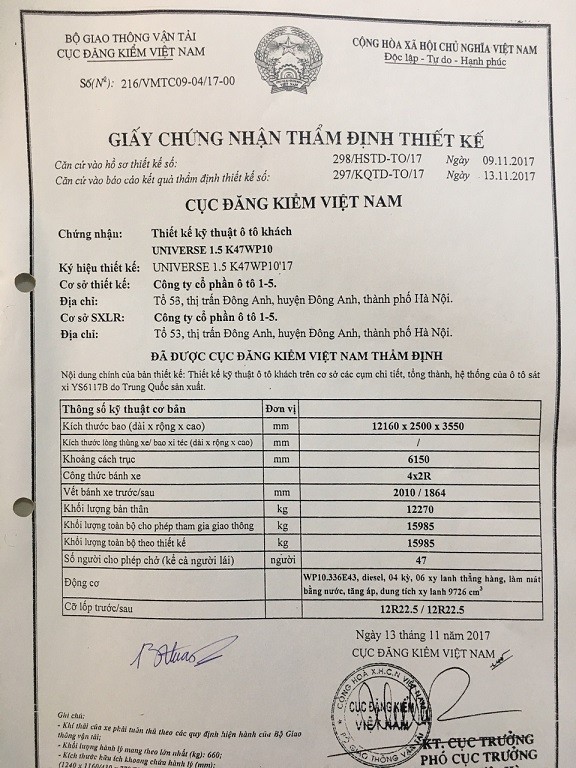 Giấy tờ thẩm định thiết kế xe ô tô 47 chỗ