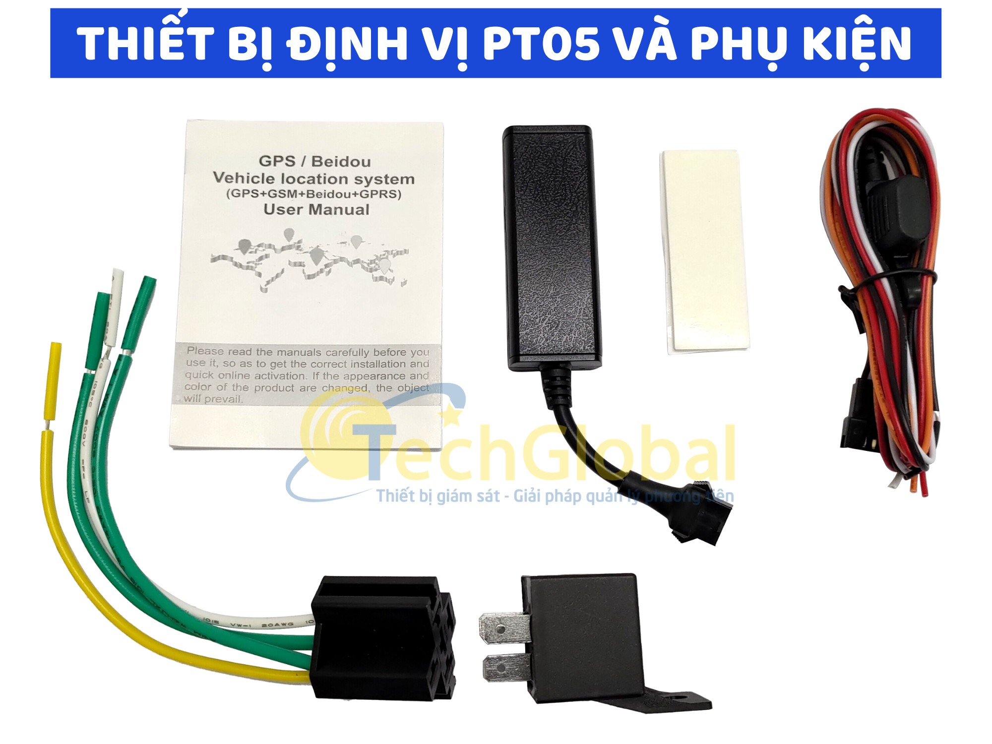 Thiết bị định vị PT05 và các phụ kiện đi kèm cho xe máy và ô tô