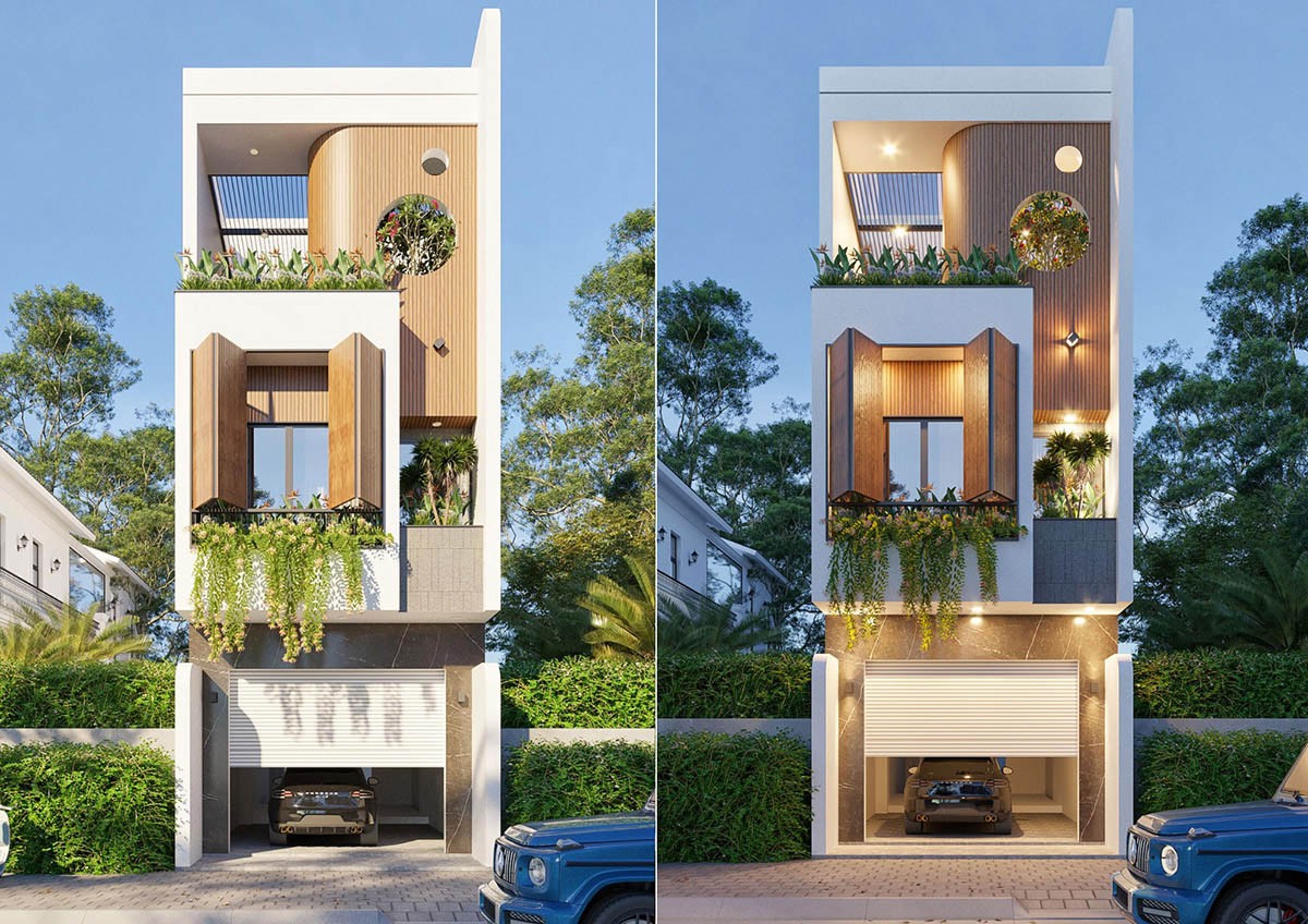 Ngôi nhà mang vẻ đẹp hiện đại với mặt tiền được sơn màu trắng kết hợp với vật liệu gỗ