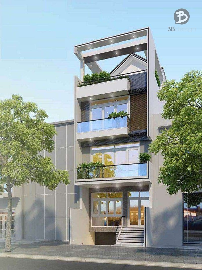 Thiết kế nhà có tầng hầm để xe 3 tầng có không gian đón khách rộng rãi và hiện đại.