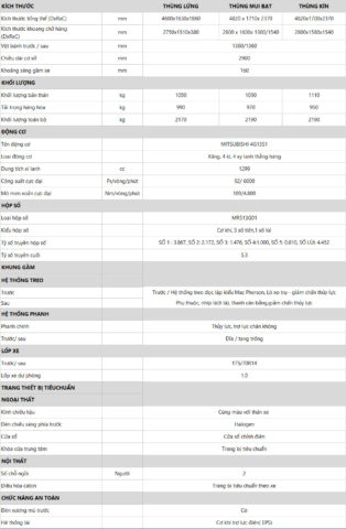Thông số kỹ thuật chi tiết của xe ô tô tải nhỏ Tera 100S