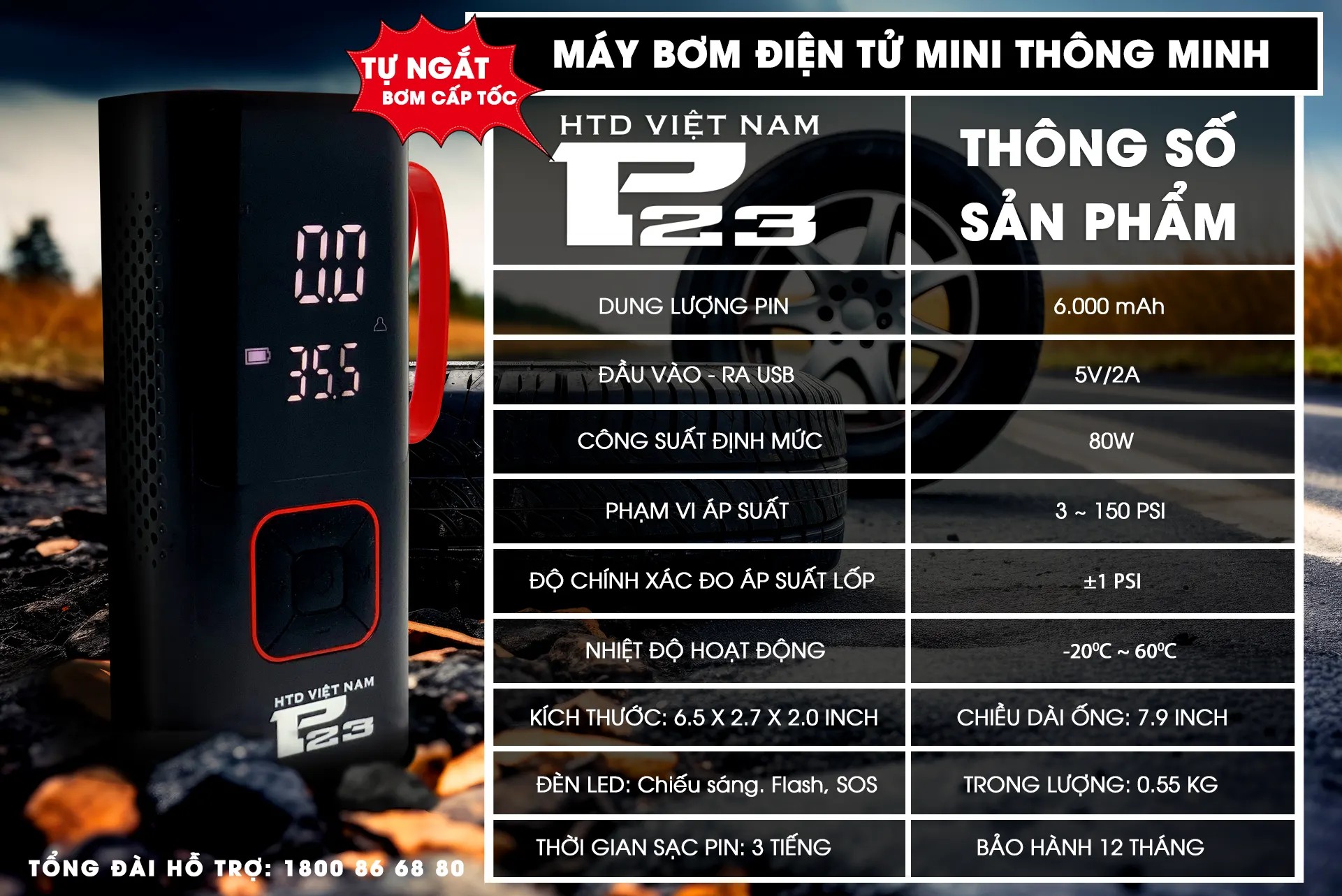 Bảng thông số kỹ thuật chi tiết của bơm xe ô tô mini HTD P23