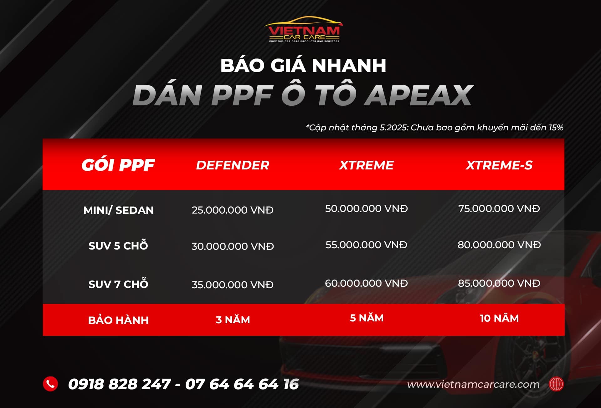 Bảng giá nhanh dán PPF ô tô APEAX tại Sài Gòn Xe Hơi. Vị trí: Dán FULL toàn bộ xe. Tặng thêm dán PPF Nội thất ô tô tương ứng, đảm bảo xe luôn phát huy tối đa công dụng