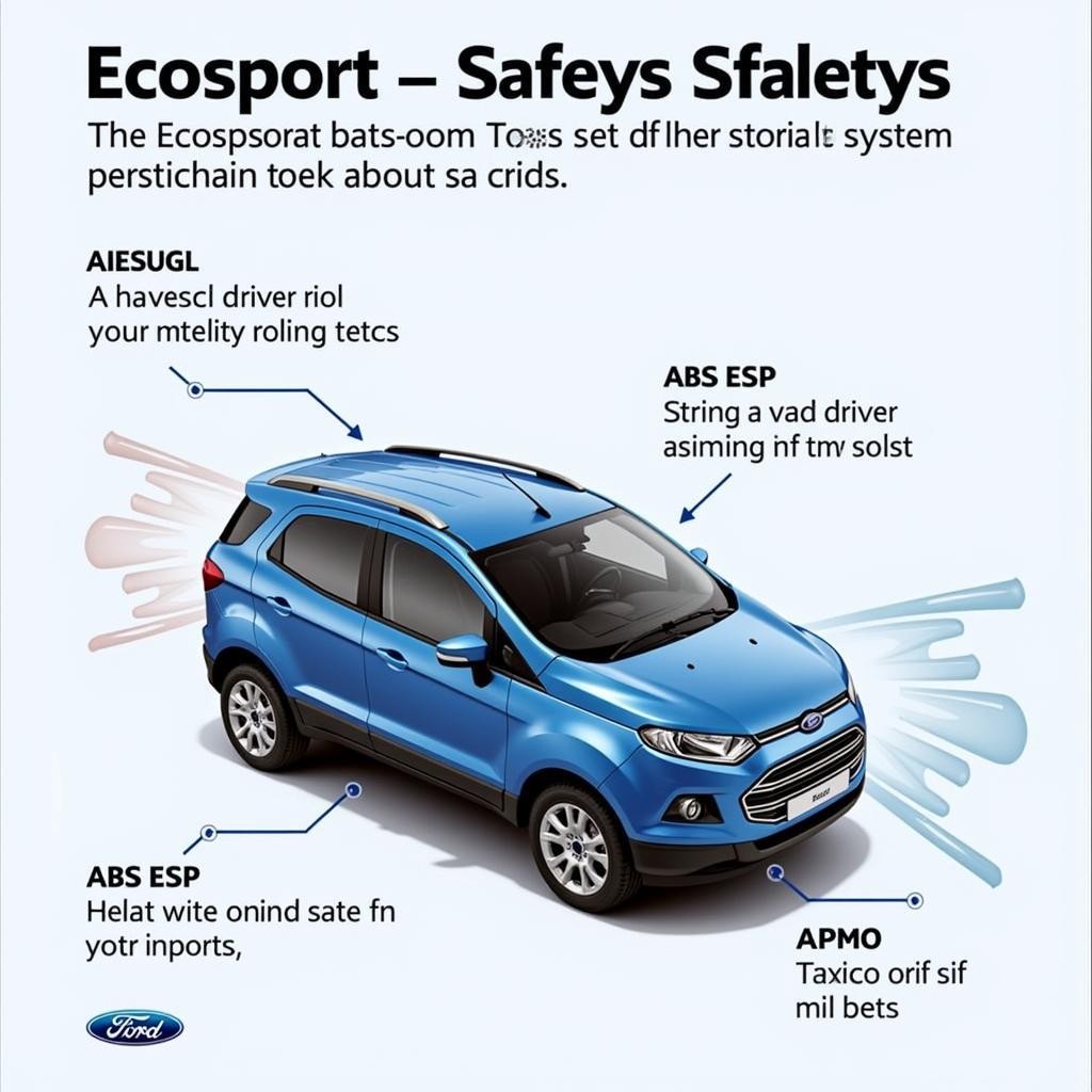 Minh họa các tính năng an toàn chủ động và thụ động trên Ford Ecosport, bao gồm hệ thống túi khí, phanh ABS, EBD và hỗ trợ cân bằng điện tử, đảm bảo an toàn tối đa cho hành khách. Những tính năng này là một phần quan trọng trong thông số kỹ thuật xe ô tô Ford Ecosport.