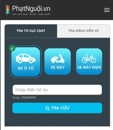 Giao diện tra cứu phạt nguội xe ô tô trên Phatnguoi.vn
