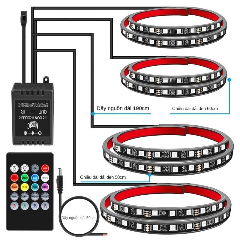 Cận cảnh dải đèn LED RGB đang được lắp đặt dưới gầm xe ô tô, thể hiện khả năng tùy biến màu sắc