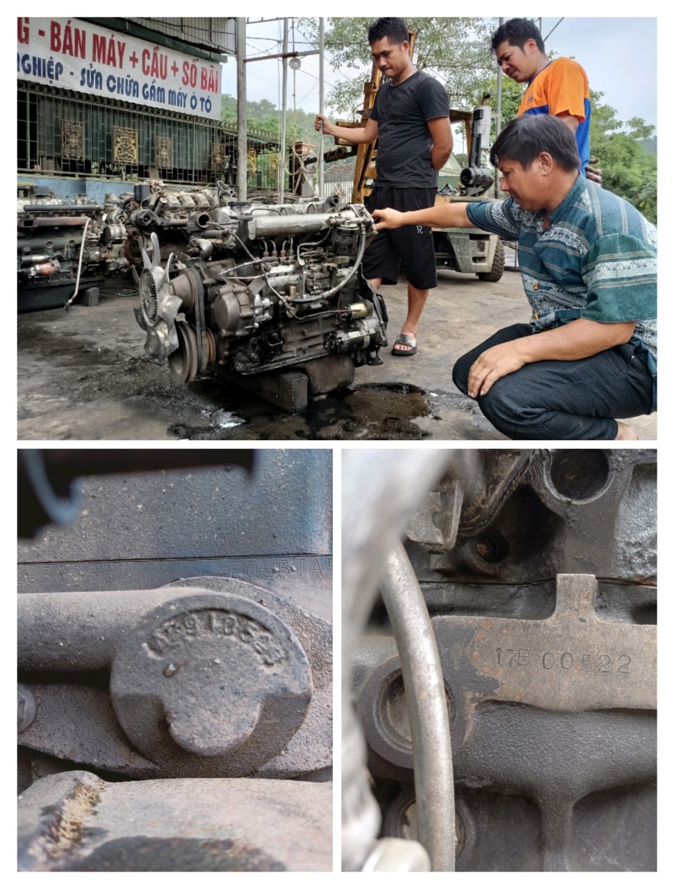 Người mua đang kiểm tra số máy của động cơ ô tô đã phục chế tại làng mổ xe