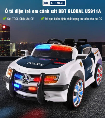Xe ô tô cảnh sát trẻ em US911 với bánh xe đặc và trục kim loại chắc chắn