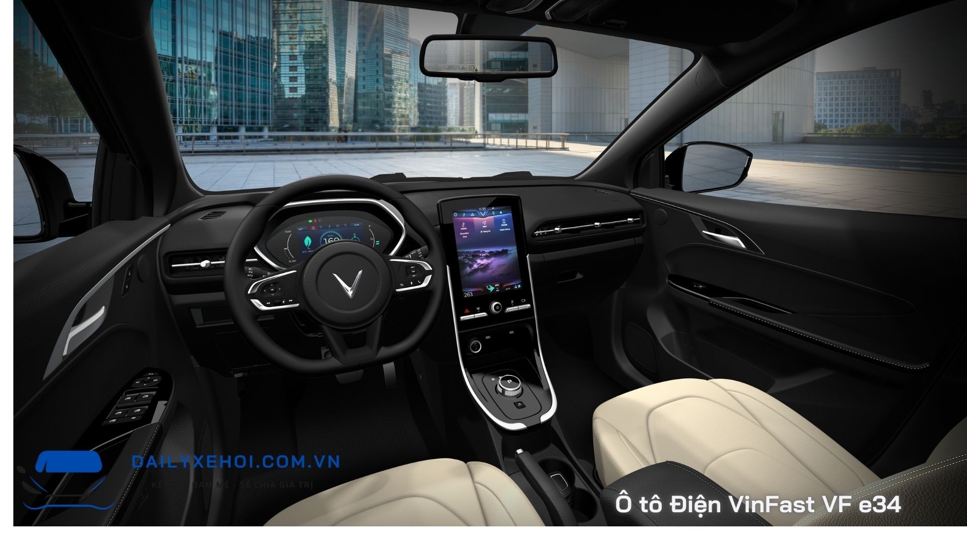 Khoang nội thất thông minh của xe ô tô điện VinFast VF e34 với màn hình trung tâm