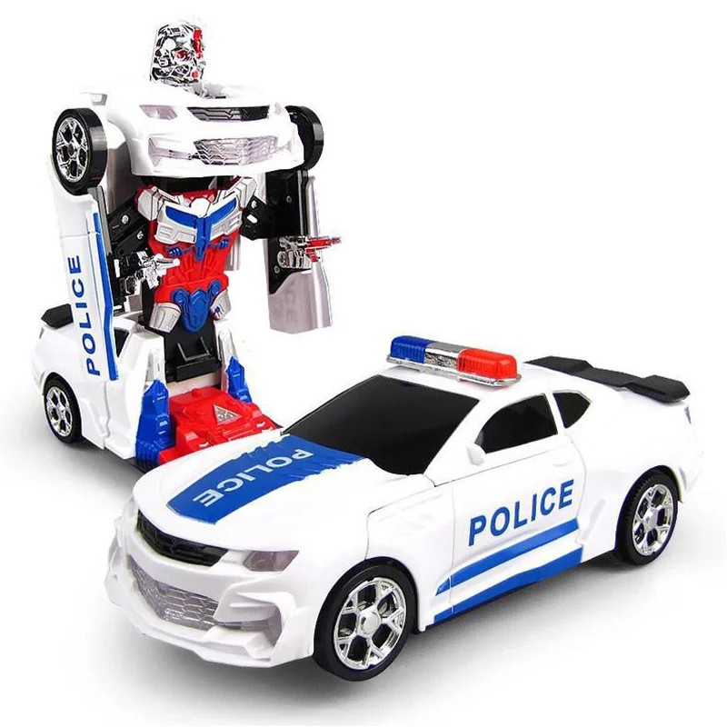 robot biến hình xe ô tô cảnh sát màu xanh trắng trong tư thế biến đổi