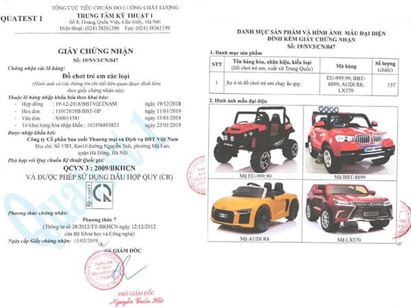 Chứng nhận chất lượng của mẫu xe ô tô điện 2 chỗ ngồi Hummer BBT-8899 màu đỏ