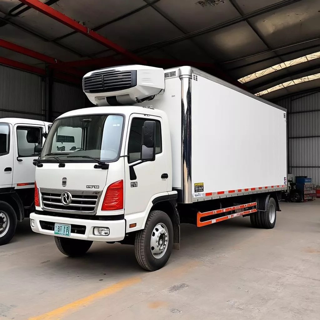 Chiếc xe tải đông lạnh đang vận hành, hiển thị biển số xe ô tô Hà Nội 30F