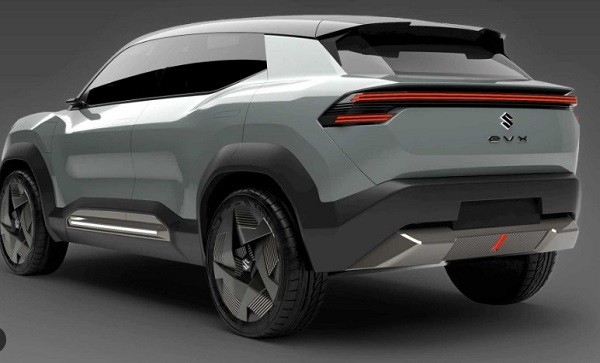Suzuki eVX Concept từ góc nhìn phía trước, nhấn mạnh mâm xe và tay nắm cửa ẩn