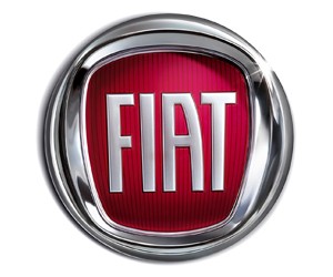 Logo xe Fiat với tên thương hiệu trên nền đỏ, bao quanh bởi lá chắn, tượng trưng cho sự an toàn và thương hiệu mạnh